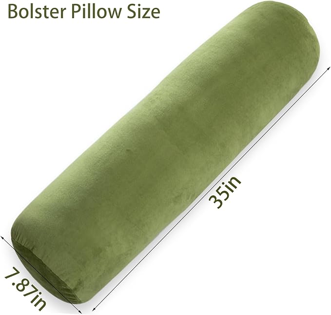 1 MIDDLE ONE Bolster Pillow for Bed, Long Round Body Pillow for Adults with Removable Velvet Cover, Decorative Tube Roll Cylinder Pillow, 35 x 7.87 Inch, Green