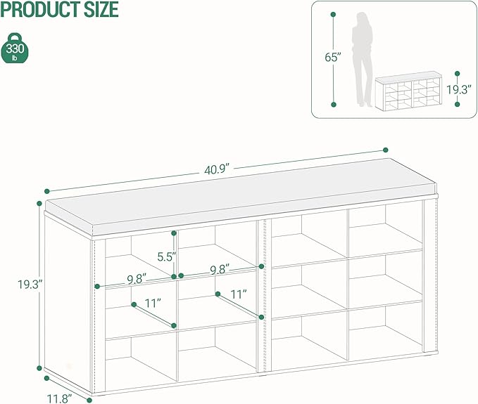 Hzuaneri Shoe Bench with Cushion, Entryway Storage Bench with 12 Cubbies, Cubby Shoe Rack with Adjustable Shelves, Shoe Organizer Cabinet for Living Room, Bedroom, Entryway, Black SB19004GY