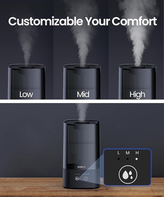 ROSEKM 4.5L Humidifiers for Bedroom, Humidifiers for Home Large Room, Cool Mist Humidfiers for Baby and Plant with Timer, Adjustable Mist Level, 360° Nozzle, Auto Shut-Off, Black