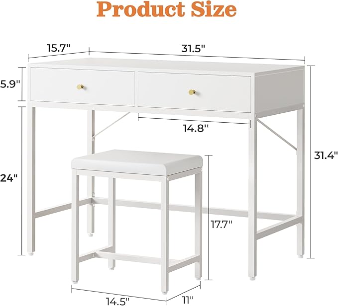 SUPERJARE 31.5" White Desk with 2 Drawers, Modern Makeup Vanity with Padded Stool, Small Computer Desk Home Office Desk for Writing Study Bedroom