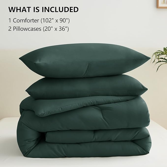 CozyLux King Size Comforter Set Forest Green, 3 Pieces Solid Comforters King Size Breathable Quilted Bedding Sets, Luxury Soft Lightweight Bed Set with Down Alternative Comforter and 2 Pillowcases