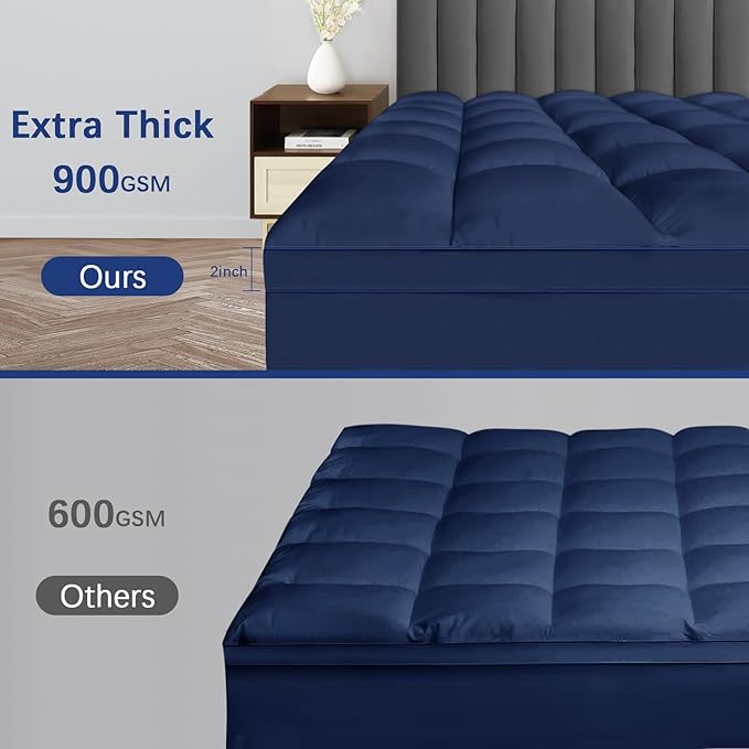 CYMULA Full XL Mattress Topper, Navy Blue Cooling Mattress Pad Cover, Extra Thick Pillow Top Mattress Topper with 8-21 Inch Elasticated Deep Pockets, Plush Down Alternative Fill Mattress Protector
