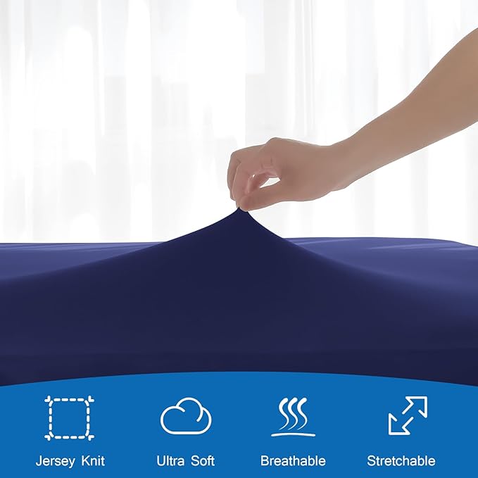 Twin Fitted Sheet Only, Twin Size Sheets for Kids Up to 14 Inches Deep Procket, Single Bed Mattress Sheets Stretchable Breathable Cover, Navy