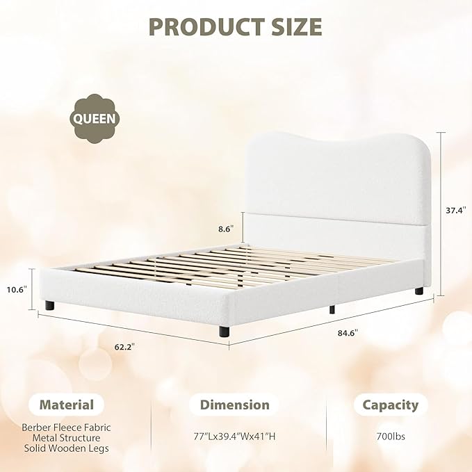 Boucle Twin Bed Frame for Kids with Upholstered Headboard, Low Profile Sturdy Platform Bed with Soft Boucle Fabric for Girls and Boys, Heavy Duty, Wooden Slats, Noise Free, No Box Spring Needed, White