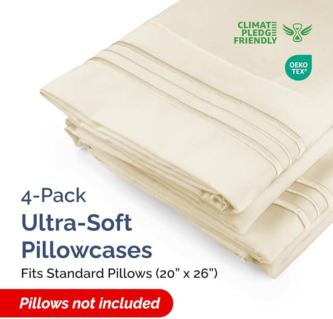Standard Pillow Cases Set of 4 - Ultra Soft Hotel Quality Pillowcase Covers - Comfy Bedding for Women, Men, Kids & Teens - Machine Washable Pillow Protectors - 4 Piece Set - Standard Size Off White