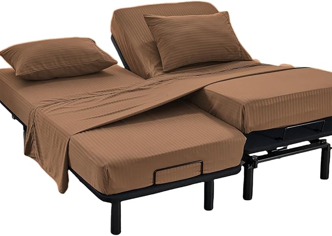 Kingnex Striped Split California King Sheets Sets for Adjustable Bed with Deep Pocket 5 Pieces Include 2 Cali Twin XL Fitted Sheets 1 Flat Sheet 2 King Size Pillowcases Coffee