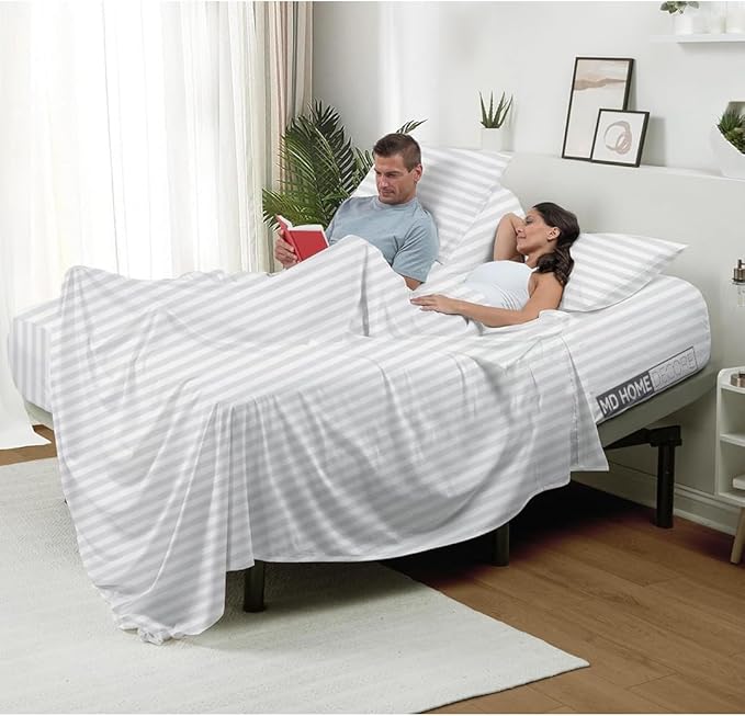 4 Piece Split Head Flex Sheet Set, 34" Top Split King Sheets for Adjustable Beds, 100% Egyptian Cotton, 16 Inch Deep Pocket, Soft Durable Breathable Sheets, White Stripe, Ideal for Adjustable Beds