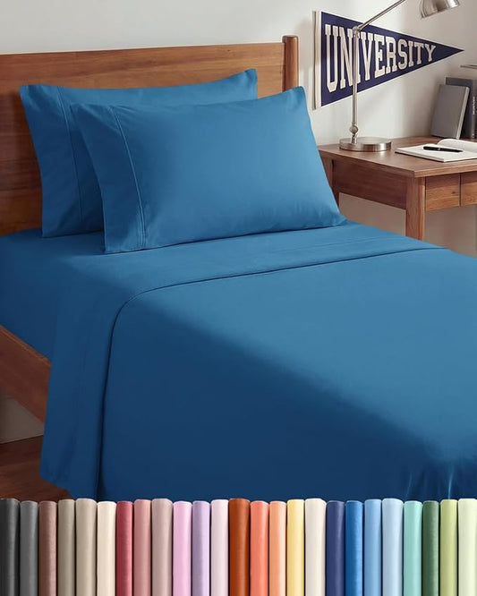 Twin XL 4 Piece Sheet Set - Comfy, Breathable & Cooling - Soft Hotel Luxury Bedding for Women, Men, Kids, Teens and Children - 1 Flat & 1 Fitted Sheet & 2 Pillowcases with Deep Pockets - Denim Blue