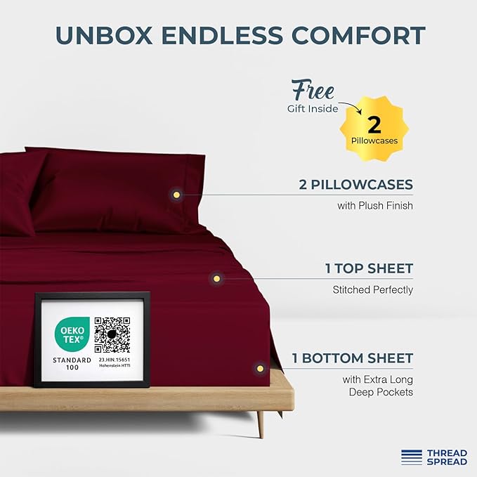 THREAD SPREAD 100% Egyptian Cotton Sheets Queen Size - Luxury 1500 Series Queen Sheet Set Egyptian Cotton (4 PC, Burgundy), Silky Soft, Sateen Weave, Cooling & Breathable, 17" Deep Pocket Bed Set