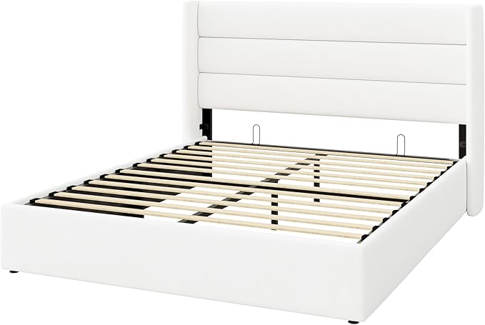 SHA CERLIN Full Size Lift Up Storage Bed/Velvet Upholstered/Modern Wingback Headboard/Upholstered Platform Bed Frame/Hydraulic Storage/No Box Spring Needed/White