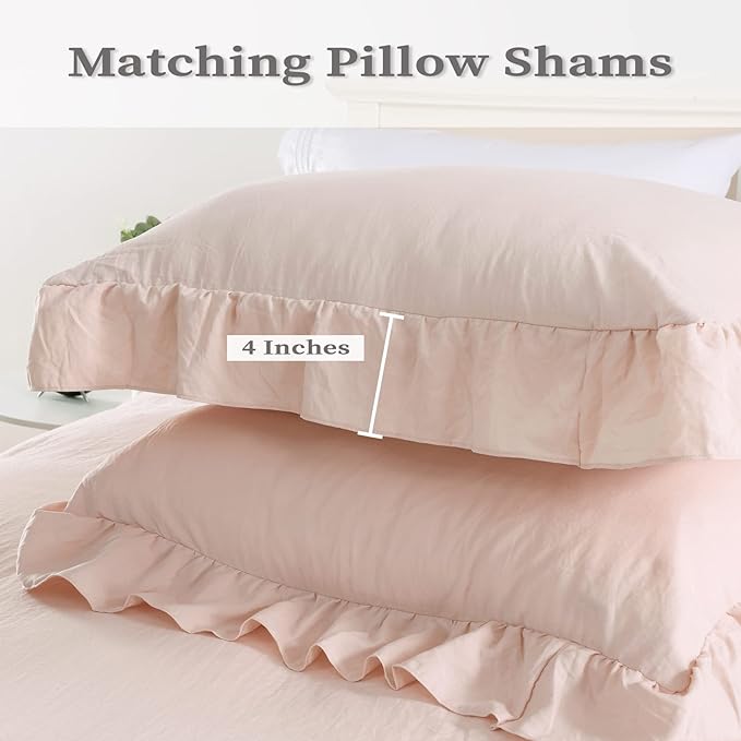 CAROMIO Pink Ruffle Duvet Cover Queen Size, 3PCS Soft Washed Microfiber Vintage French Country Duvet Cover Set for Queen Bed, Pink, 90x90 in
