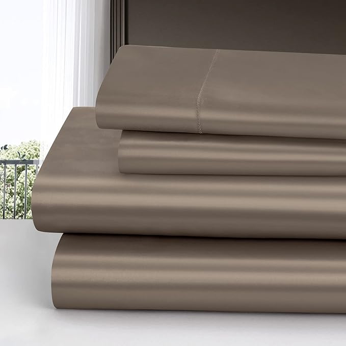 Homiest 4pcs Satin Sheets Set Luxury Silky Satin Bedding Set with Deep Pocket, 1 Fitted Sheet + 1 Flat Sheet + 2 Pillowcases (King Size, Tinfoil Brown)