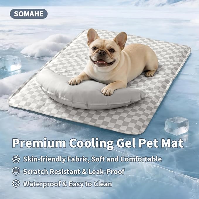 SOMAHE Pet Cooling Mats Pad for Dogs, Portable Summer Self-Cooling Mat with Removable Crescent Pillow for Small Dogs & Cats (Q-Max>0.5), Non-Toxic, All-Day Cooling, 27 x 20 Inches Grey