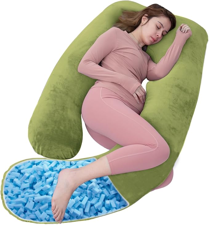 Shredded Memory Foam Body Pillow, Pregnancy Pillows for Sleeping, Maternity Pillow for Pregnant Women, Memory Foam Filling U Shaped Body Pillow with Velvet Cover (Green, 60 inch)
