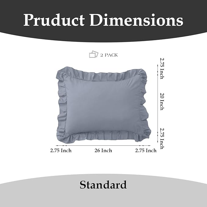 Ruffle Pillow Cases Standard Size Set of 2 –Soft Wrinkle Resistant Brushed Microfiber Ruffled Pillowcases –Envelope Pillow Shams Cover Festive Gift for Hotels,Rooms 20x26 Inch (Silver Gray)