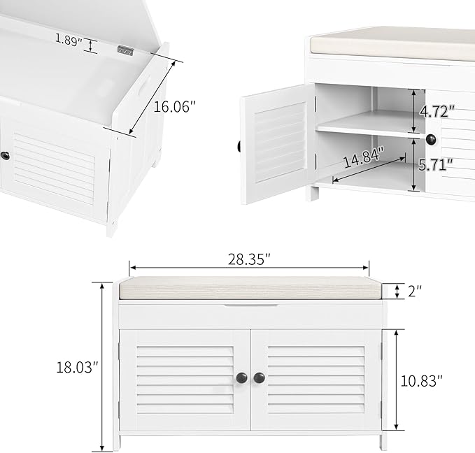 WARMHONIU Shoe Storage Bench with Lift Top Storage, Entryway Bench with Cushioned Seat, Adjustable Shelf, 2 Tier Shoe Rack with Doors for Entryway, Bedroom, Hallway, Mudroom, White