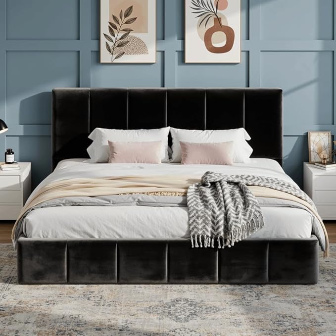 SHA CERLIN King Size Bed Frame, Velvet Upholstered Platform Bed, Vertical Channel Tufted Adjustable Headboard, Low Profile Bed Frame, No Box Spring Needed, Easy Assembly, Black