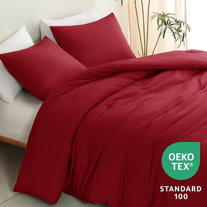 CozyLux Full Size Comforter Set Dark Red, 3 Pieces Solid Breathable Quilted Bedding Sets, Luxury Lightweight Soft Bed Set with Down Alternative Comforter and 2 Pillowcases for All Seasons