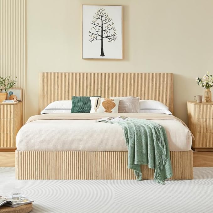 Bellemave King Size Lift Up Storage Bed, Oak Wood Lift Up Bedframe King, Wooden Corrugated Curved Lines, Hydraulic Storage,Oak