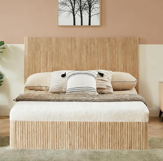 Bellemave Queen Lift Up Storage Bed, Oak Wood Lift Up Bedframe,Wooden Corrugated Curved Lines, Hydraulic Storage,Oak
