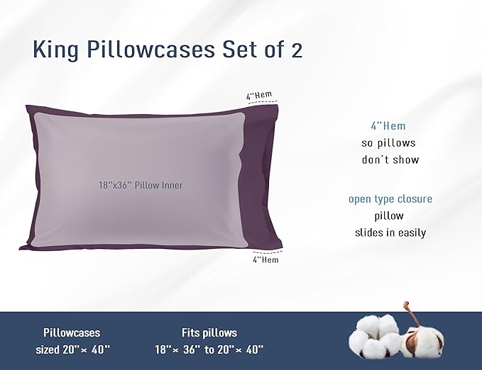 Pillow Cases, King Size Cotton Percale Weave Pillowcases, Pre-Shrunk Breathable and Hypoallergenic Pillowcases, Set of 2 (2 Piece King 20 Inch x 40 Inch, Dark Purple)