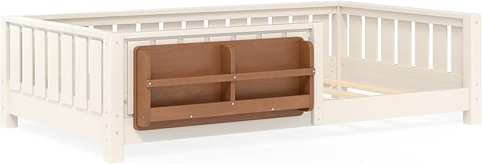 Bellemave Twin Size Kids Montessori Bed with Bookshelf,Solid Wood Twin Floor Bed Frame with Fence and Slats for Girls Boys,Low-Profile,Beige