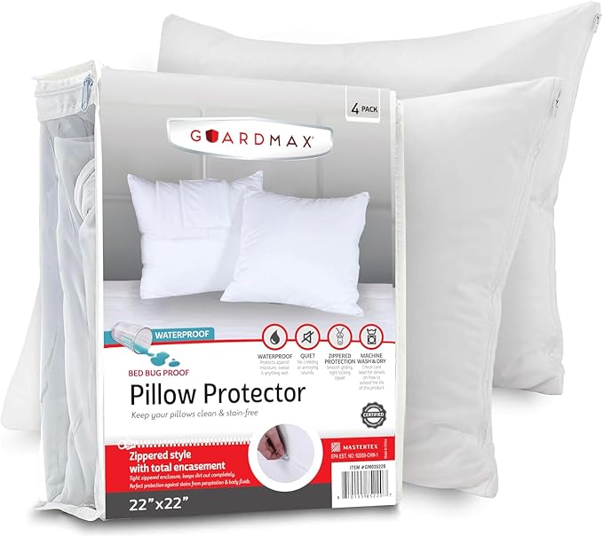 Guardmax Jersey Knitted Throw Pillow Protector with Zipper - 4 Pack -100% Waterproof, Bed Bug Proof, Dust Mite Proof, & Hypoallergenic Pillow Covers - Premium Zippered Pillow Cases. (22 X 22)