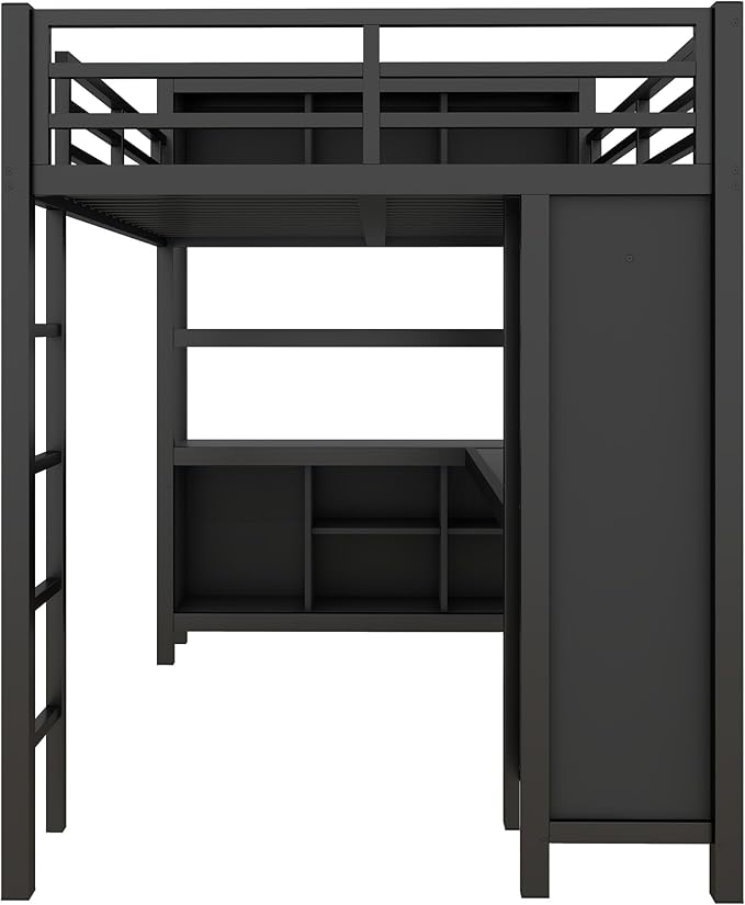Full Size Loft Bed with L Shaped Desk, Wardrobe and Storage Shelves, Metal Heavy Duty Loft Bed Frames with Ladder and Guardrails for Kids, Teens, Juniors, Space Saving (Black, Full)