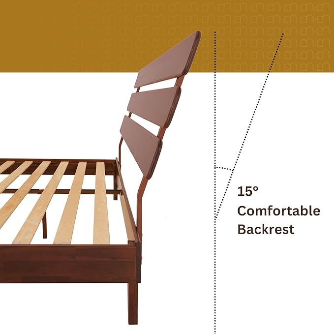 Bme Caden Queen Bed Frame and Adjustable Headboard, 15 Inch Mid Century Retro Style - Solid Acacia Wood - No Box Spring Needed - 12 Strong Wood Slat Support - Easy Assembly - Walnut