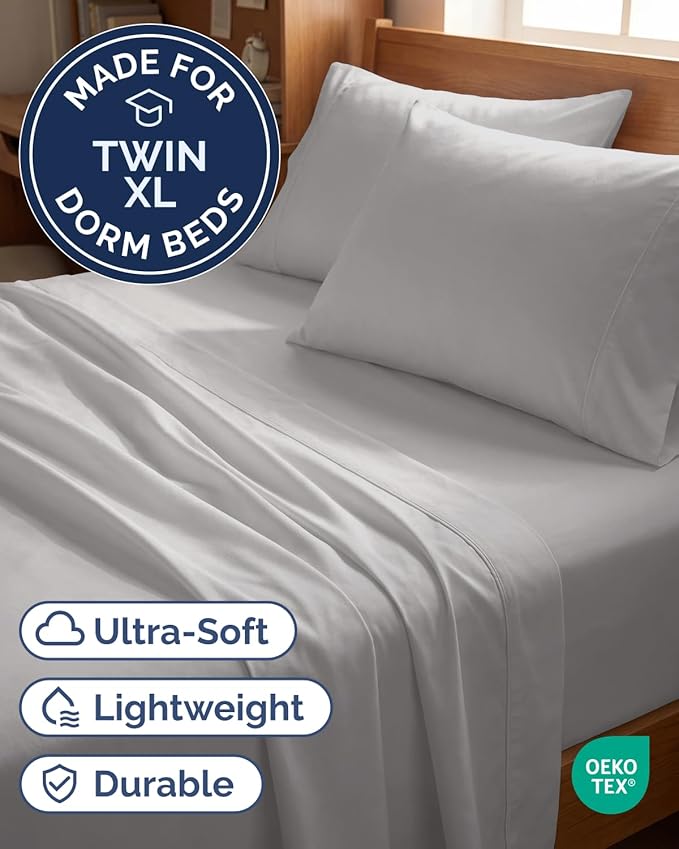 Twin XL 4 Piece Sheet Set - Comfy, Breathable & Cooling - Soft Hotel Luxury Bedding for Women, Men, Kids, Teens and Children - 1 Flat & 1 Fitted Sheet & 2 Pillowcases with Deep Pockets - French Grey