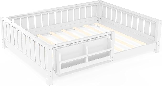 Bellemave Full Size Kids Montessori Bed with Bookshelf,Solid Wood Full Floor Bed Frame with Fence and Slats for Girls Boys,Low-Profile,White