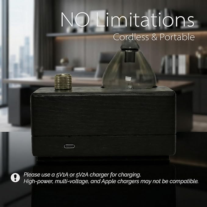 Black Obsidian Waterless Essential Oil Diffuser with Real Wood Base for Aromatherapy, Retro Smoky Glass Oil Diffuser, Cordless Portable Scent Diffuser Machine for Office Yoga Large Room, 2026 Model