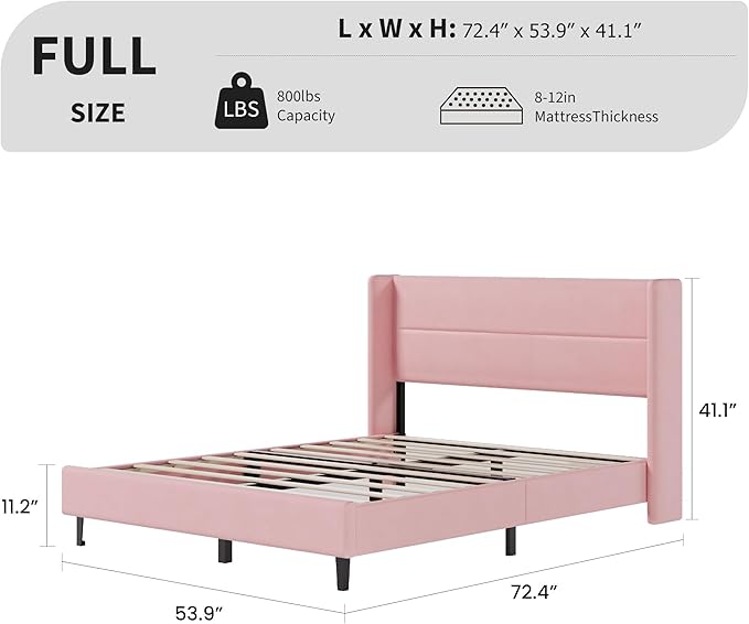 Garvee Full Size Bed Frame with Wingback Headboard, Velvet Upholstered Platform Bedframe with Wood Slats, No Box Spring Needed, Easy Assembly, Pink