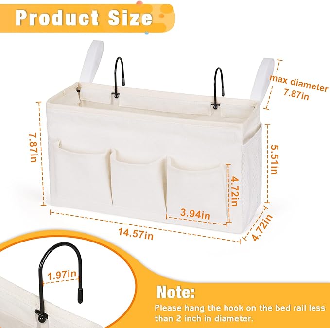 Lilithye Bedside Caddy Storage Organizer with Fixed Straps and Water Bottle Holder for Home, College, Dorm, Bunk/Hospital/Crib Bed Rails, White