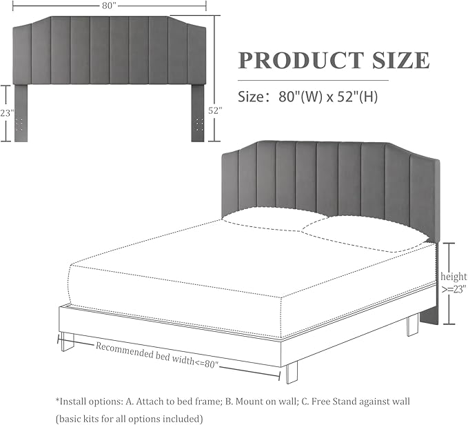 Furpopup King Size Headboard Only, Velvet Upholstered Headboard King/California King Size Wall Mount and Bed Frame Mount, Featuring High-Density Sponge Padding Easy Assembly Comfort Style-Dark Gray