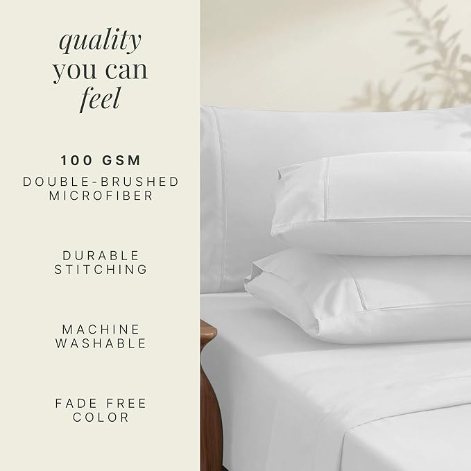 Hearth & Harbor Bed Linen Set - Twin Size - 4 Piece Sheets - White - Extra Deep Pocket Microfiber