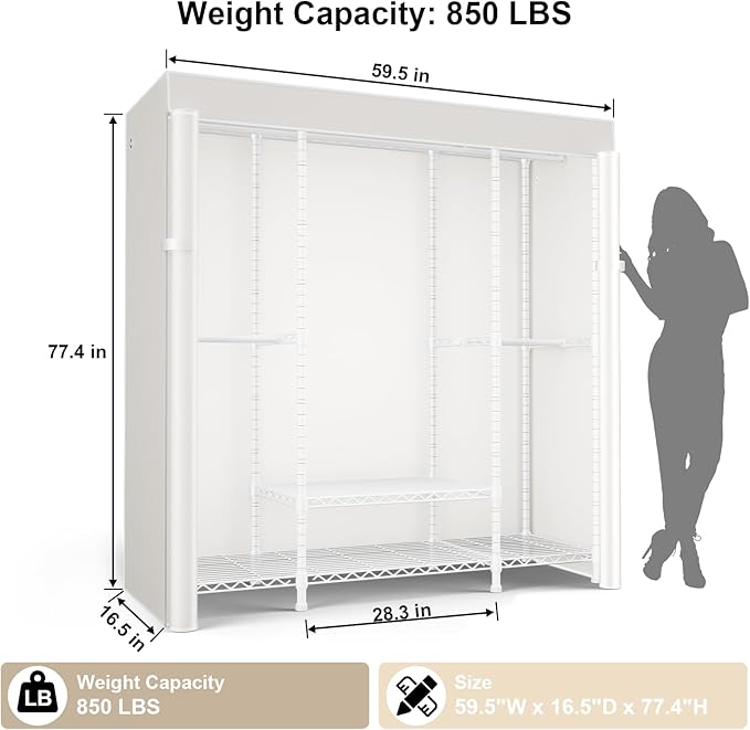 ULIFHOME E3C White Clothes Rack with Beige Cover, Heavy Duty Freestanding Garment Rack, Metal Closet System Storage Organizer for Clothing, Holds up to 850 lbs, 59.5" W x 16.5" D x 77.4" H
