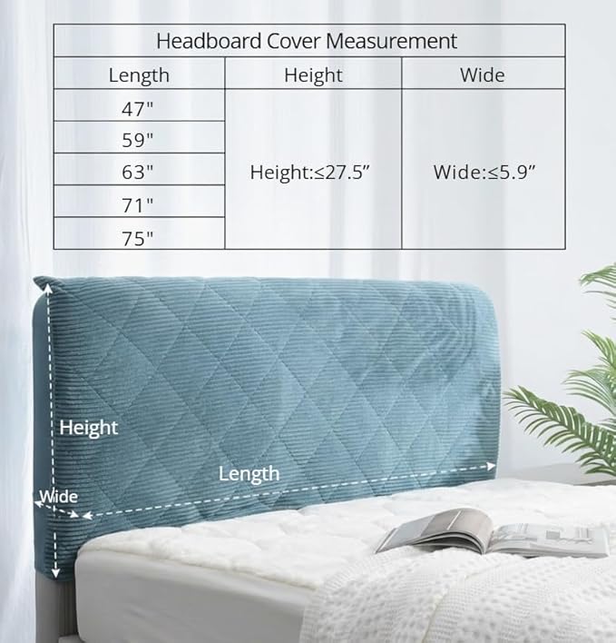 Corduroy Headboard Cover—Stretch-Quilted, Padded Dust-Proof Protective Cover (Fits Queen/King Beds), Machine-Washable Decorative Headboard Cover (Blue, 75x27.5 inches)