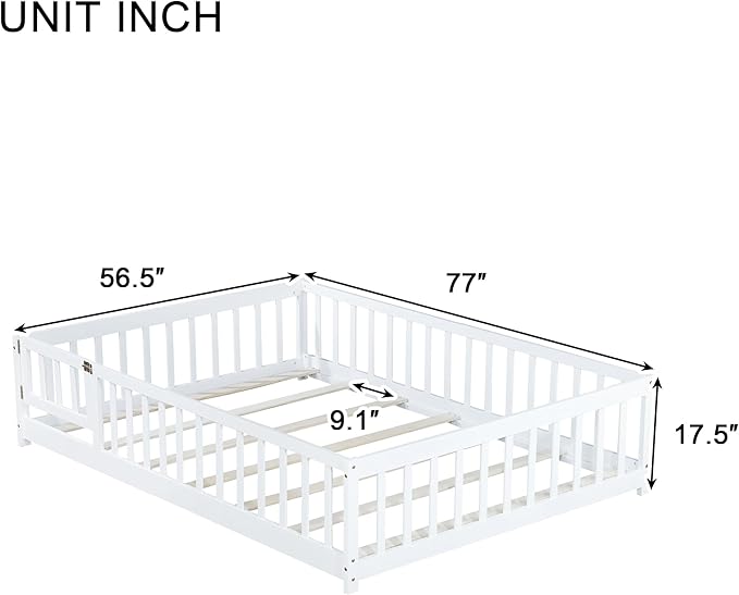 Bellemave Full Size Montessori Floor Bed Frame with Rails & Door, Solid Wood Kids Floor Bed Full with Removable Slats, Low Profile Montessori Bed for Children’s Sleep & Play, White