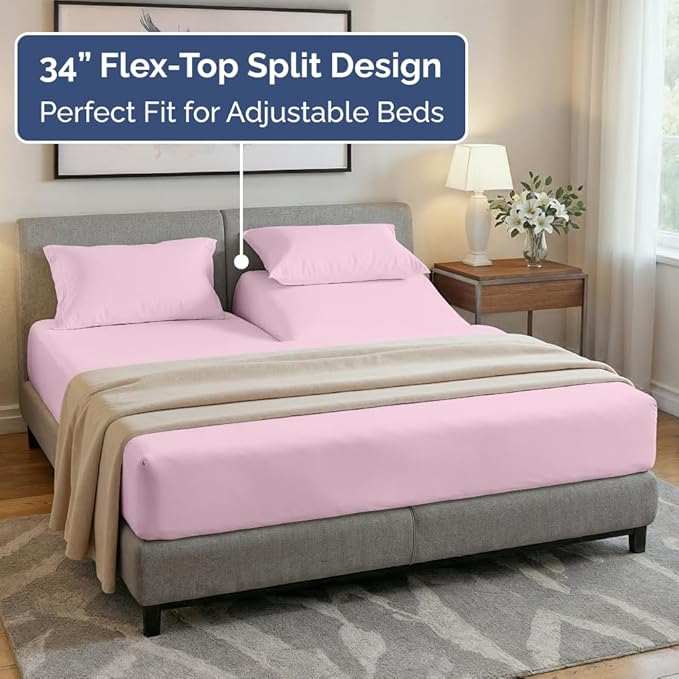 Flex Top Split Head King 4 Piece Sheet Set - Ultra-Soft, Breathable & Cooling Bed Sheets Set - Hotel Luxury Bedding for Women & Men with Deep Pockets - Wrinkle and Fade Free - Oeko-Tex - Light Pink