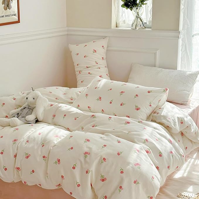 Nayoroom Pink Floral Duvet Cover Full Size Cute Tulip Printed on White Comforter Cover 3Pcs Kids Girls Kawaii Cottagecore Bedding Set with Zipper Closure Soft Breathable Microfiber
