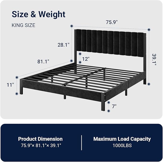 Avenco King Size Bed Frame with Velvet Upholstered Piano Keys Headboard, Metal Bed Frame Platform Design with Metal Slats for Bedroom, Black