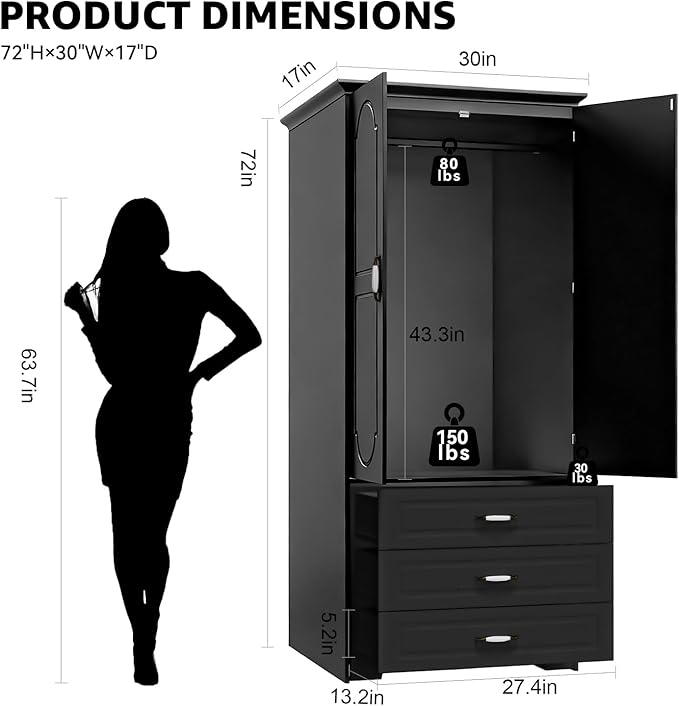 FJTJBSI Armoire Wardrobe Closet with 3 Drawers and LED Light 72" Wooden Bedroom Armoire with 2 Doors and Retro Ceramic Door Handles Modern Wardrobe Cabinet with Removable Hanging Rod Black