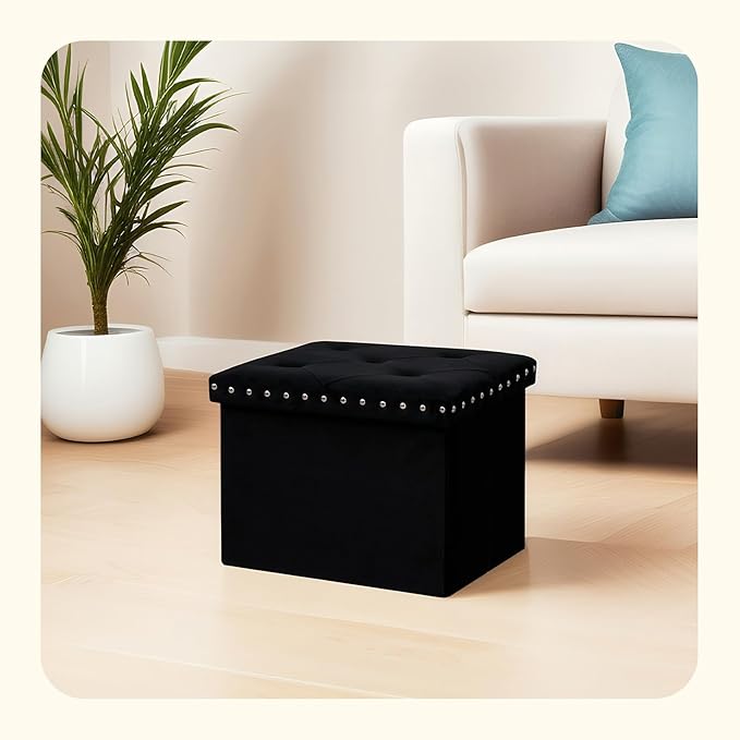 PINPLUS Storage Ottoman with Benches Foot Rest Stool, Folding Velvet Shoes Chest for Bedroom, Living Room, Grey,16.5"x12.6"x12.6"
