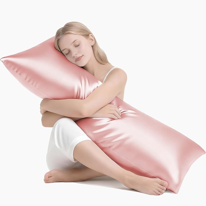 MR&HM Satin Body Pillow Cover, Soft and Breathable Body Pillow Case with Envelope Closure, Cooling and Silky Long Pillowcase for Hair and Skin,Grey (20x54, Blush)