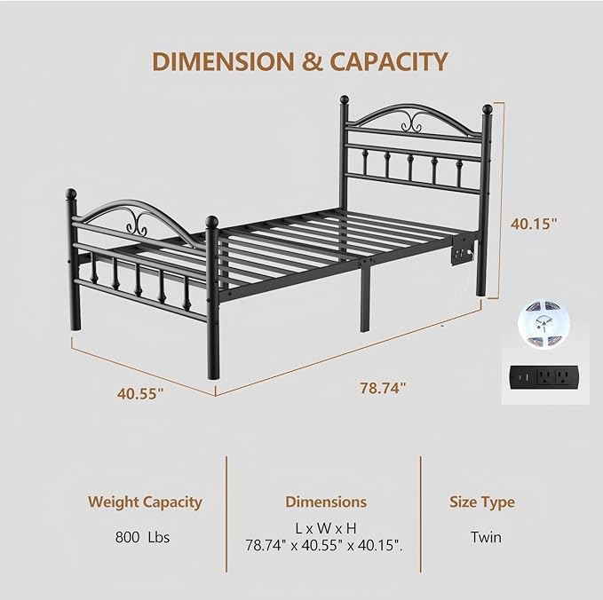 Twin Size Bed Frames with Charging Station,Black Metal Platform Bed Frame with LED Lights,Heavy Duty Metal Steel Slats Support,No Box Spring Needed,Noise Free,Easy to Assemble