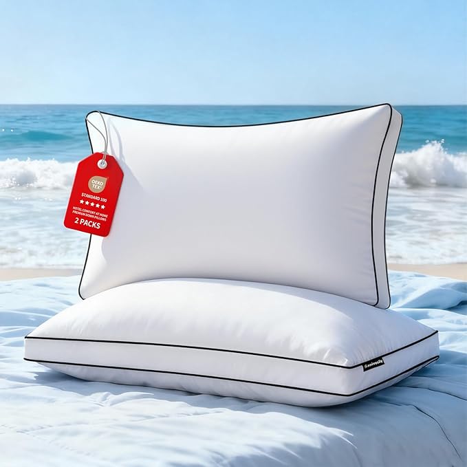 Feather Dowm Pillows Standard Size Set of 2 Pack, Luxury Hotel Collection Bed Pillow, Soft Medium Fim Feathers Pillow For Sleeping, Down Surrounded Gusseted Pillows for Side Back Stomach Sleepers