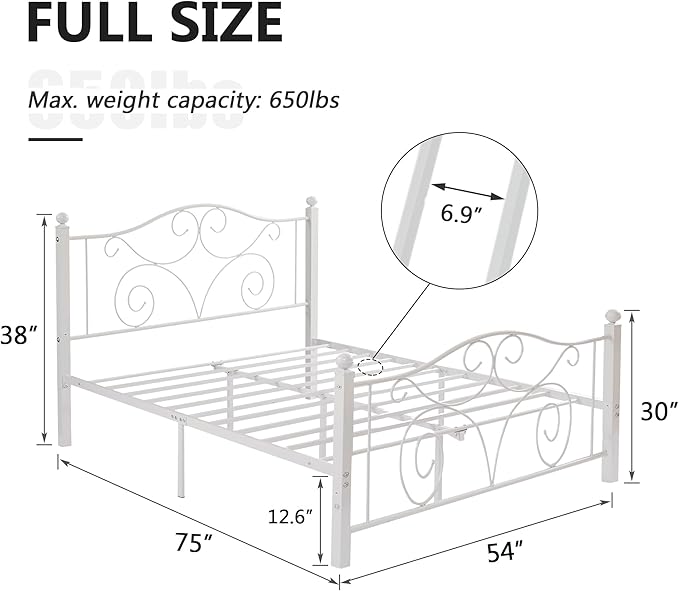 VECELO Full Size Bed Frame with Headboard and Footboard, Heavy Duty Metal Slat Support, Platform Mattress Foundation, No Box Spring Needed, Easy Assembly, White