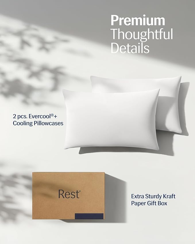 REST® Evercool®+ Cooling Pillowcases King - 2 Pillowcase for Sensitive Skin, Silver Infused Fabric for Hygienic Sleep, Silky Smooth for Curly Hair, High Elastic for Snug Fit (19x35 inches)