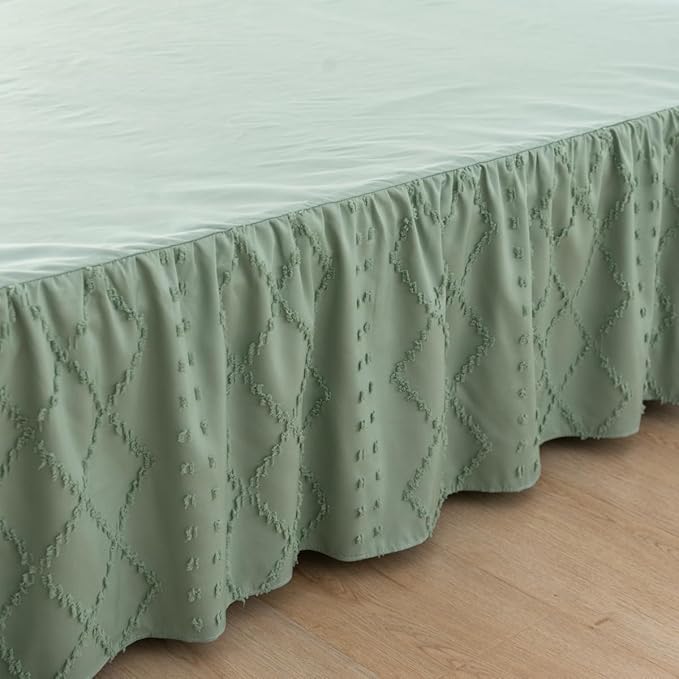 Bed Skirt Full Size Ruffled Bed Skirt with Split Corners, 14 Inch Drop Dust Ruffle Bed Skirts with Platform, Boho Tufted Shabby Chic Full Size Bed Skirts, Sage Green